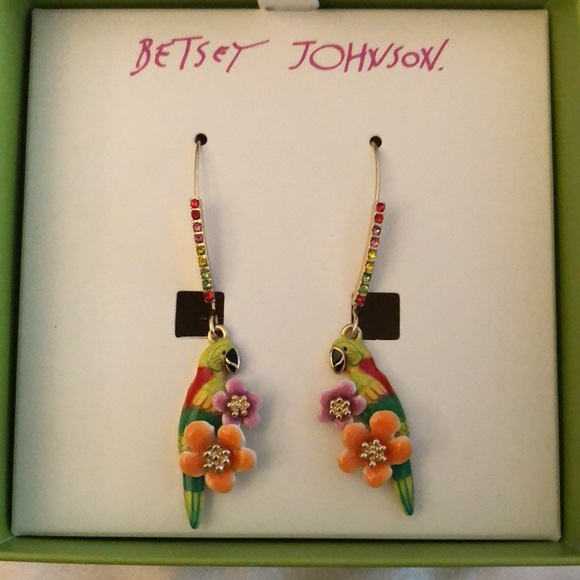 Betsey Johnson Gold Tone Rainbow Enamel Parrot & Flower Drop Earrings NIB - Picture 10 of 16
